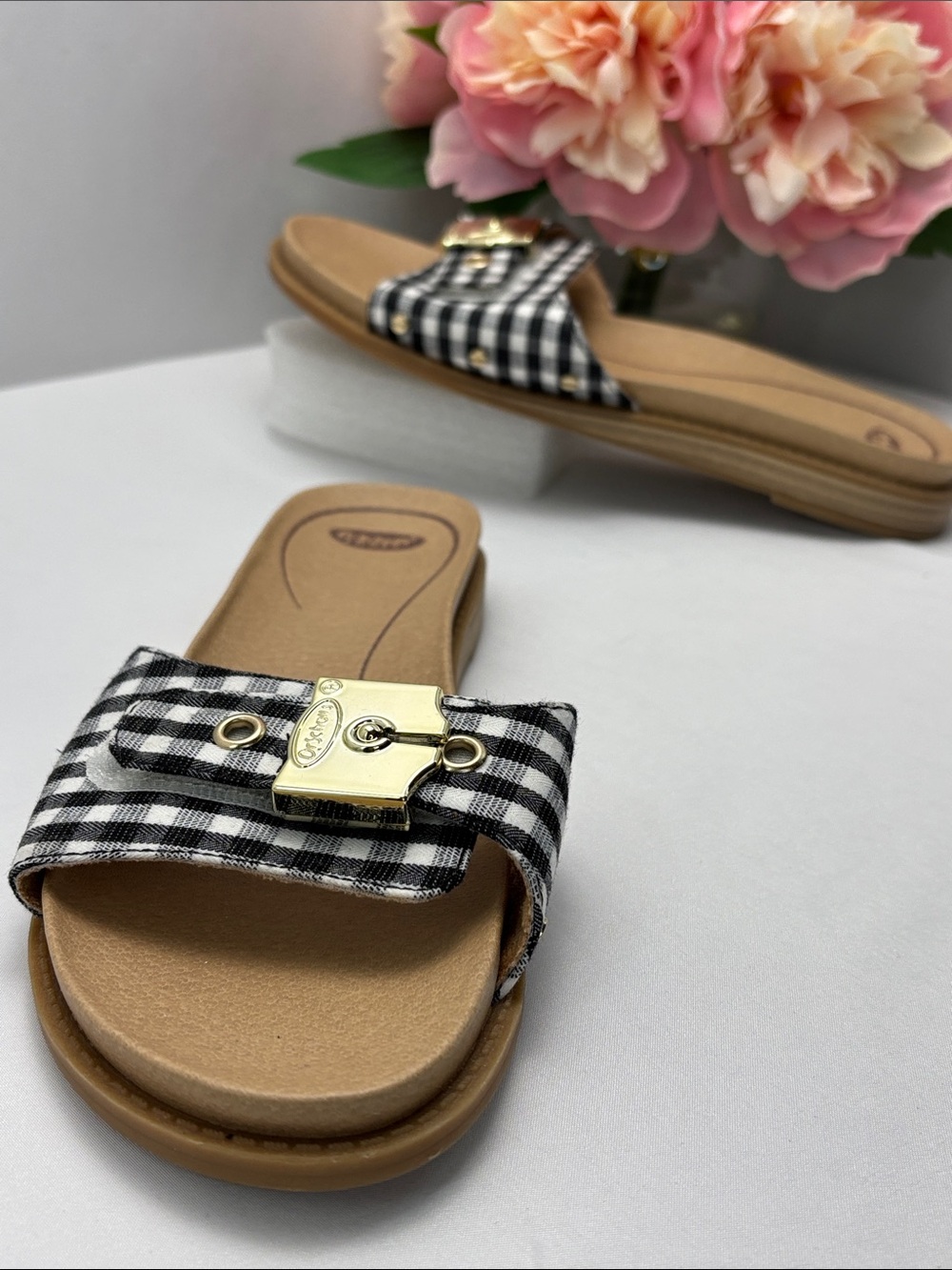 Dr. Scholl's Womens 6.5 Black & White Gingham Slide Sandals with Gold Buckle#708